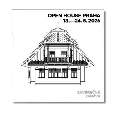Titulka závěrečné zprávy festivalu Open House Praha 2026 s kresbou Trmalovy vily